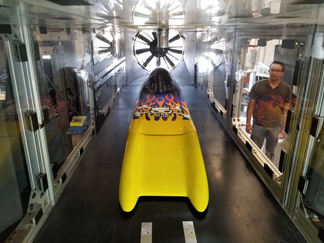 Challenger Dynamic Testing: Student engineers wind-tunnel-testing “The Challenger,” a record-breaking vehicle designed by legend Don Baumea.