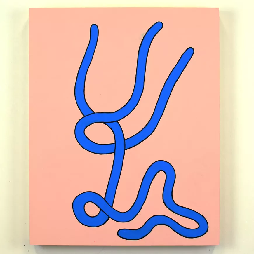Blue Ebola on Pink Background, 20' x 16," Flasche on Cradled Panel