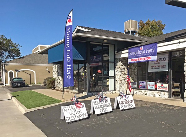 ON VOTERS' BEHALF The Republican Party of SLO County has promoted its offices in Arroyo Grande (pictured) and Atascadero as voter ballot drop-off locations, raising questions about whether they comply with election law. - PHOTO BY PETER JOHNSON