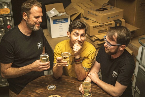 CIDER CREW Co-founders Pete Ayer, Jeremy Fleming, and Nate Adamski (left to right) opened SLO Cider Co. in March 2020, a couple of days before the first shutdown caused by the COVID-19 pandemic. - PHOTO COURTESY OF SLO CIDER CO.
