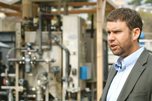 CENTRAL COAST BLUES Water Systems Consulting Engineer Dan Heimel leads a 2019 tour of a water recycling demonstration facility. The Central Coast Blue project would inject treated wastewater into the Santa Maria Valley Groundwater Basin. - FILE PHOTO BY AIDAN MCGLOIN