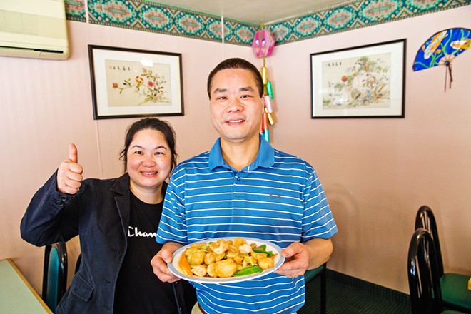 SNOW PEAS IN SHELL BEACH Mei's Chinese Restaurant owners Vicky and Yuanen Chen recommend a plate of Double Happiness from the Best Chinese Food on the coast. - PHOTO BY JAYSON MELLOM