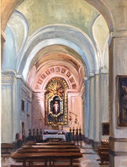 TAKE ME TO CHURCH “Just before COVID-19 hit, my husband and I had visited Madrid and the south of France, so I painted the small chapels and cathedrals we visited there,” Renée Kelleher said, commenting on one of her interior scenes, Chapel in Madrid, featured in Inside/Outside. - COURTESY IMAGE BY RENÉE KELLEHER