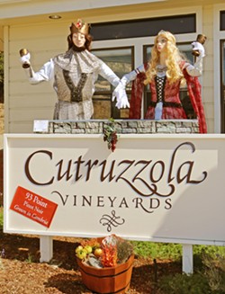 ROYAL RIESLING A prior-year scarecrow display at Cutruzzola Vineyards features the king and queen of wine, with the king representing pinot noir and the queen riesling&mdash;the winery's grape specialties. - PHOTO COURTESY OF CAMBRIA SCARECROW FESTIVAL
