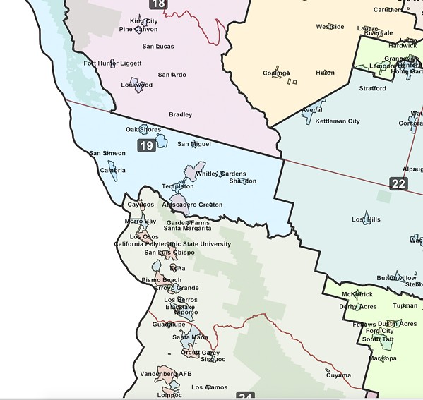 REDRAWN The Central Coast’s congressional districts (pictured) are rearranged as a result of redistricting: Rep. Salud Carbajal (D-Santa Barbara)’s 24th District shifts south, splitting San Luis Obispo County into two House seats, with Rep. Jimmy Panetta (D-Carmel Valley) representing part of North County in the 19th District. - MAP COURTESY OF WE DRAW THE LINES