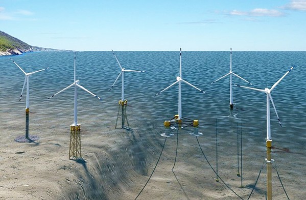 WIND POWERED Proposed wind turbines off the coast of Morro Bay would float on barges and be connected to the ocean floor with cables. - FILE RENDERING COURTESY OF BOEM
