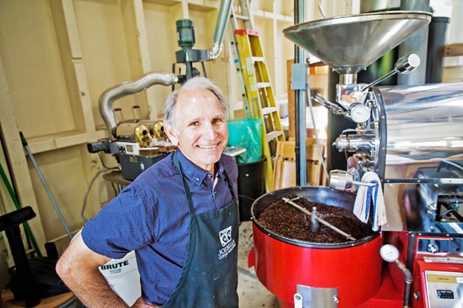 BUT FIRST, COFFEE Joseph Gerardis takes a break from checking beans at his Joebella Coffee Bar and Roasting Works in Atascadero&mdash;voted the Best Coffee Roaster. Gerardis has been a coffee fixture on the Central Coast, roasting beans for more than 20 years. He opened the first Joebella coffee shop in 2007, originally in Templeton, and Joebella recently opened a location in Paso Robles in the Paso Market Walk. - PHOTO BY JAYSON MELLOM