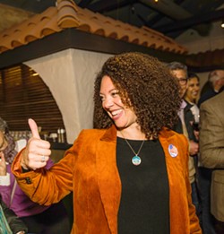 EARLY SUCCESS As the polls closed on Nov. 8, preliminary vote totals showed Erica Stewart leading in the race for SLO mayor. - COVER PHOTO BY JAYSON MELLOM