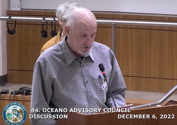 NEW PLAN Oceano Advisory Council Chair Charles Varni gave public comment on Dec. 6 recommending the SLO County Board of Supervisors dissolve both advisory groups in Oceano and set up a new one with elected members. - SCREENSHOT FROM SLO COUNTY BOARD OF SUPERVISORS MEETING