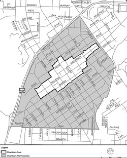 DENSER DOWNTOWN The city of San Luis Obispo is proposing a zoning amendment for its downtown core (center, in white) that would facilitate the development of denser, smaller housing. - MAP COURTESY OF SLO CITY