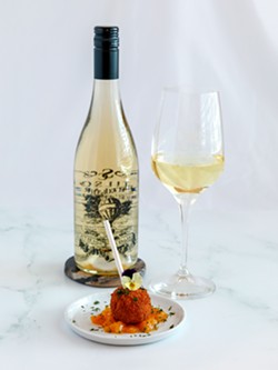 FABULOUS FARE Private chef Alma Ay&oacute;n of Paso Robles will present haute specialties at multiple At Her Table events, including a four-course brunch at Paso's Stay at the Vineyard estate on March 12. Among the appetizers are shrimp lollipop with peach jalape&ntilde;o compote paired with Stilson Cellars viognier. - COURTESY PHOTO BY ALMA AY&Oacute;N