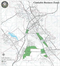 GREEN ZONE The city of San Luis Obispo wants to introduce new areas to its cannabis zone where dispensaries are allowed to operate. Its current zones are in green. - MAP COURTESY OF THE CITY OF SLO