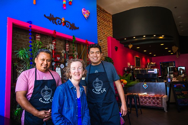 FRIENDLY FACES Co-owners Crescencio "Chencho" Hernandez Villar (left), Sara McGrath (center), and Pedro Arias Lopez (right) opened Coraz&oacute;n Cafe in Downtown San Luis Obispo to dish out community gatherings and southern Mexican-style food and drinks. - PHOTOS BY JAYSON MELLOM