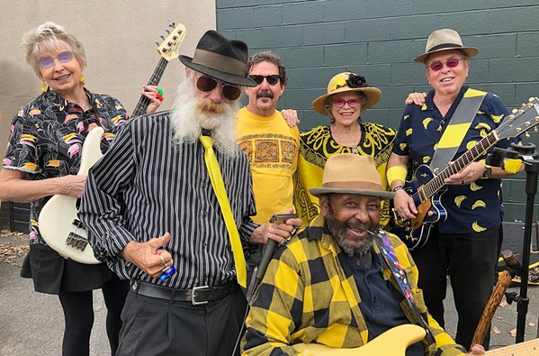 BOOGIE BLUES BOPPERS The Cliffnotes&mdash;(left to right) Liz Douglas, Joey Five 'n' Dimes, Daniel "Grasshopper" Ruben, Valerie Johnson, Al B Blue (seated), and Cliff "Crawdaddy" Stepp&mdash;return to Paso's Halter Ranch Vineyards on Sept. 3. - PHOTO COURTESY OF THE CLIFFNOTES