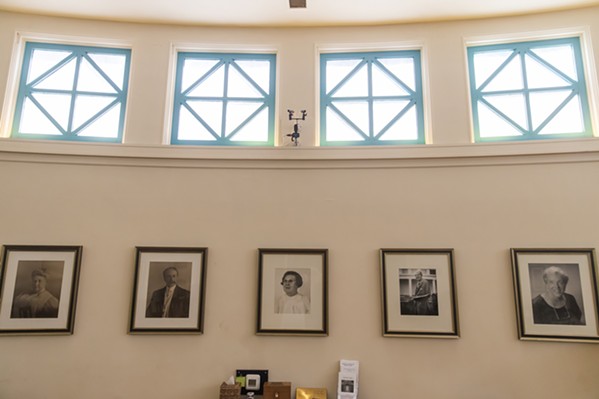 PROGRESSIVE ORDER From left to right and in chronological order, portraits of former Guardians-in-Chief Francia LaDue, William Dower, Pearl Dower, Harold Forgostein, and Eleanor Shumway are honored inside the Temple. - PHOTO BY JAYSON MELLOM