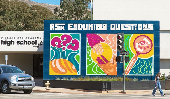 WARM WELCOME Ask Enduring Questions by artist Kiki May greets visitors driving down Highway 1/Santa Rosa Street as they enter downtown San Luis Obispo. - PHOTO BY JAYSON MELLOM