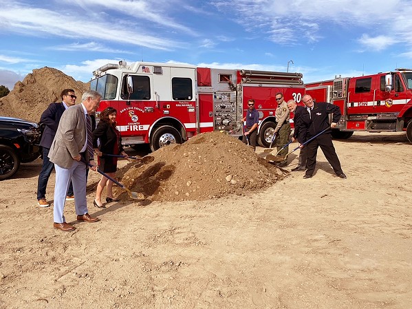 BREAKING GROUND SLO County's Sheriff Ian Parkinson, Fire Chief John Owens, and Supervisors John Peschong, Debbie Arnold, Bruce Gibson, and Jimmy Paulding attended the Oct. 9 groundbreaking ceremony for the county's new joint dispatch center. - PHOTO COURTESY OF SLO COUNTY SHERIFF'S OFFICE FACEBOOK PAGE