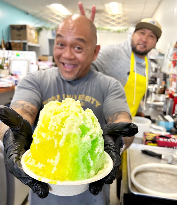 FAMILY FUN PCH Shave Ice and Boba owner Eric Cabrera (front) and his cousin Josh dish out Hawaiian-style shave ice that comes with a hidden ice cream center. - PHOTOS COURTESY OF PCH SHAVE ICE AND BOBA
