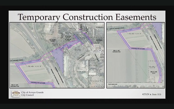 EMINENT DOMAIN Arroyo Grande says it needs temporary eminent domain over nine properties to access and make repairs to the Traffic Way Bridge. So far, six property owners have signed agreements, and the city filed a lawsuit against the last three. - SCREENSHOT FROM THE ARROYO GRANDE CITY COUNCIL MEETING