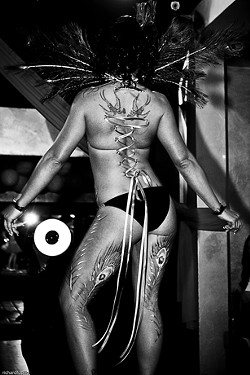 FIT TO BE TIED :  A model at last year&rsquo;s Embodiment series at Native Lounge features body paint, feathers, piercings, ribbon, and a teeny, tiny bikini. The new series runs four consecutive Thursdays beginning Jan. 28. - PHOTOS BY RICHARD FUSILLO