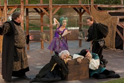 FORCE OF NATURE :  Invisible spirit Ariel (Katherine Perello, center) thwarts the plans of Antonio (David Anthony Hance, far left) and Sebastian (Charles Hayek, far right) to murder Alonso and Gonzolo (Jean Miller and Bob Knowles, sleeping) in the Central Coast Shakespeare Festival&rsquo;s staging of The Tempest. - PHOTO BY STEVE E. MILLER