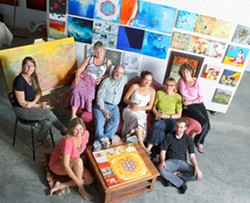 GUTSY COLLABORATORS :  (l-r) Glynis Chaffin-Tinglof, Carol Paquet, Sarah Winkler, Stephen Olson, Pacha Hornaday, Anne Stahl, Drew Davis, and Ellen Jewett create holons as part of the SLO-born Holonic Arts Movement. - PHOTO BY STEVE E. MILLER