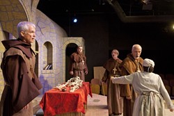 DARK AGE DRAMA:  The monks of Priseaux (played, from left to right, by John Geever, Matthew Hanson, Clayton Greiman and Tom Ammon) and a lowly peasant woman (Rosh Wright) react to the news of a rival church&rsquo;s claims, in Michael Hollinger&rsquo;s dark comedy Incorruptible. - PHOTO BY STEVE E. MILLER