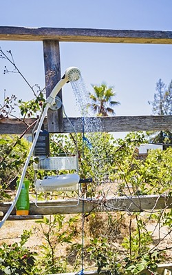 PASSIVE GRAY WATER :  An outdoor shower in Cal Poly professor Pete Schwartz&rsquo;s backyard supports thirsty berries, guava trees, and mint. No piping required. - PHOTO BY KAORI FUNAHASHI