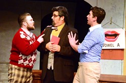BUY A VOWEL:  Cosmo Brown (Zach Johnson) and Don Lockwood (Jeff Salsbury) torture a pompous diction coach (John Mackey) with their vaudevillian antics. - PHOTO COURTESY OF JAMIE FOSTER PHOTOGRAPHY
