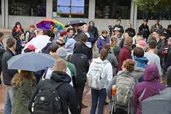 STAND IN SOLIDARITY:  Cal Poly students congregated at University Union plaza on Nov. 15 to rally against offensive comments written on a &ldquo;free speech wall.&rdquo; Students discussed the lack of diversity at Cal Poly and their experiences with discrimination and belonging on campus. - PHOTO BY DYLAN HONEA-BAUMANN