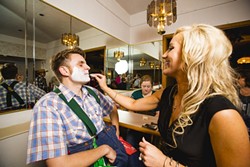 ALL DONE UP:  Emily, a sales rep for SunnyCountry radio in Santa Maria, kept Jono&rsquo;s attention while putting on his clown mask. - PHOTO BY HENRY BRUINGTON