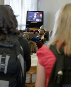 CAL POLY GETS A LESSON IN HISTORY :  Cal Poly students watching President Obama's speech. - PHOTO BY STEVE E. MILLER