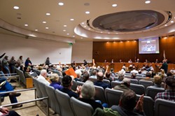 CONTENTIOUS DIVIDE:  Santa Margarita area residents filled the County Board of Supervisors&rsquo; Chambers on Dec. 11 to give the planning commission their take on a proposed quarry on Highway 58, three miles east of town. - PHOTO BY KAORI FUNAHASHI