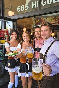 EAT, DRINK, OOMPAH:  From left, Kreuzberg Oktober Fest co-organizers Freya Wilkerson, Ali Zikratch, and owners James Whitaker and Chris Tarcon. The crew will host an all-day celebration of beer, food, and German music this Oct. 17. - PHOTO BY KAORI FUNAHASHI