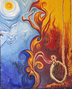 HIM AND HER :  In this painting, Castellon represented her logical, expressive, dead poet boyfriend in blue and her own passionate self in red; he soars birdlike toward the sun while her heavy heart hangs like ripe fruit. - PHOTO BY GLEN STARKEY