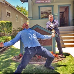 THE ICEMAN COMETH:  Former mixed martial arts champion Chuck Liddell celebrates with his attorney Warren Paboojian after SLO County jurors awarded him $1.9 million in a lawsuit against a local escrow company. - PHOTO COURTESY OF HEIDI LIDDELL