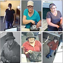BUSY:  Each of these stills shows the suspected Central Coast Bandit, who has robbed five financial institutions since December, three of them in San Luis Obispo County. - PHOTOS COURTESY OF THE FBI