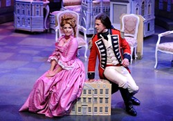 WHAT BECOMES A LADY :  Capt. Jack Absolute (Quinn Mattfeld, right) woos Lydia Languish (Stephanie Philo) under the assumed name &ldquo;Ensign Beverly,&rdquo; in PCPA&rsquo;s staging of Richard Brinsley Sheridan&rsquo;s The Rivals - PHOTOS BY LUIS ESCOBAR, REFLECTIONS PHOTOGRAPHY