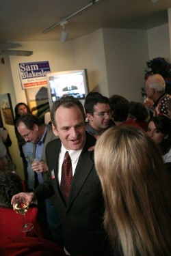 A WINNING PARTY :  Supporters of Sam Blakeslee, the Republican winner of the 33rd Assembly district race, gathered early at Corner View Restaurant in San Luis Obispo to celebrate. - CHRISTOPHER GARDNER
