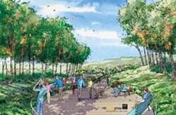 INSECT APPEAL :  The Dalidio plan calls for shoppers to stroll along meandering walkways amid a grove of eucalyptus trees housing Monarch butterflies. - RENDERING COURTESY OF ERNIE DALIDIO