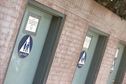 USE THEM, IF YOU CAN :  City bathrooms tend to lock up by 5 p.m. Anyone who uses a street or bush as a de facto bathroom after finding the facilities locked is risking a citation from the San Luis Obispo Police Department. - PHOTO BY STEVE E. MILLER