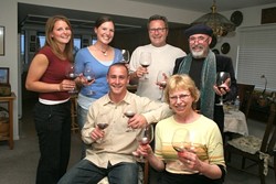 WINOS!:  Elizabeth Tangney, Kerry Moore, Michael Loconto, Glen Starkey, Kathy Marcks Hardesty, and Archie McLaren raise a glass in search of the truth about wine experts and price versus quality - CHRISTOPHER GARDNER