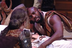 LOVED NOT WISELY :  Othello (Corey Jones) and Emilia (Elizabeth Stuart) argue over the corpse of Desdemona (Vanessa Ballam). - PHOTO COURTESY OF PCPA