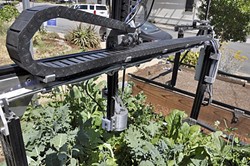 WATERBOT :  FarmBot irrigates individual plants in a raised garden bed. Version 10 will be available for pre-order starting on July 10 at farmbot.io. - PHOTO BY CAMILLIA LANHAM