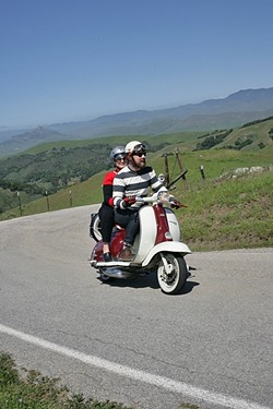 PREFUMO CANYON PERFECTION:  Curtis and Jesse Campbell ride their vintage Lambretta scooter through the hills of SLO County. - PHOTO BY GLEN STARKEY
