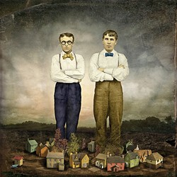 THE BIG GUYS UPSTAIRS:  'The Architects' by Maggie Taylor started with an 1870s tintype photo of two men standing side by side that the artist came across. Taylor added in the homes below by scanning in miniature houses. - PHOTO COURTESY OF MAGGIE TAYLOR
