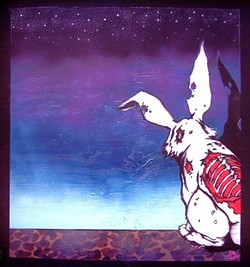 SOME BUNNY&rsquo;S NOT SO ALIVE:  This decaying, possibly zombie bunny stenciled by Silas Corley is reflective of his signature style, which riffs on the contrast of death and fun, bright colors. - IMAGE COURTESY OF SILAS CORLEY