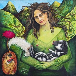 NURTURE:  A goddess-like character nurses a skunk in Arizona-based artist Irene Hardwicke Olivieri&rsquo;s piece 'Supper for the Spotted Skunk.' - IMAGE COURTESY OF CUESTA COLLEGE
