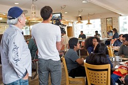 A GROUP EFFORT:  Bryan Duggan (far left) directs on set of 'One with Everything' at Margie&rsquo;s Diner in SLO. The cast and crew of the short film all donated their time and talents for free. - PHOTO COURTESY OF BRYAN DUGGAN