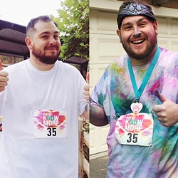 BEFORE AND AFTER:  The Run to Know More in Orcutt Park was a brightly-colored blast. - PHOTOS BY REBECCA ROSE